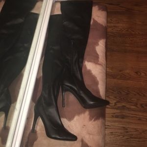 Black Faux Leather Stiletto Thigh High Boot